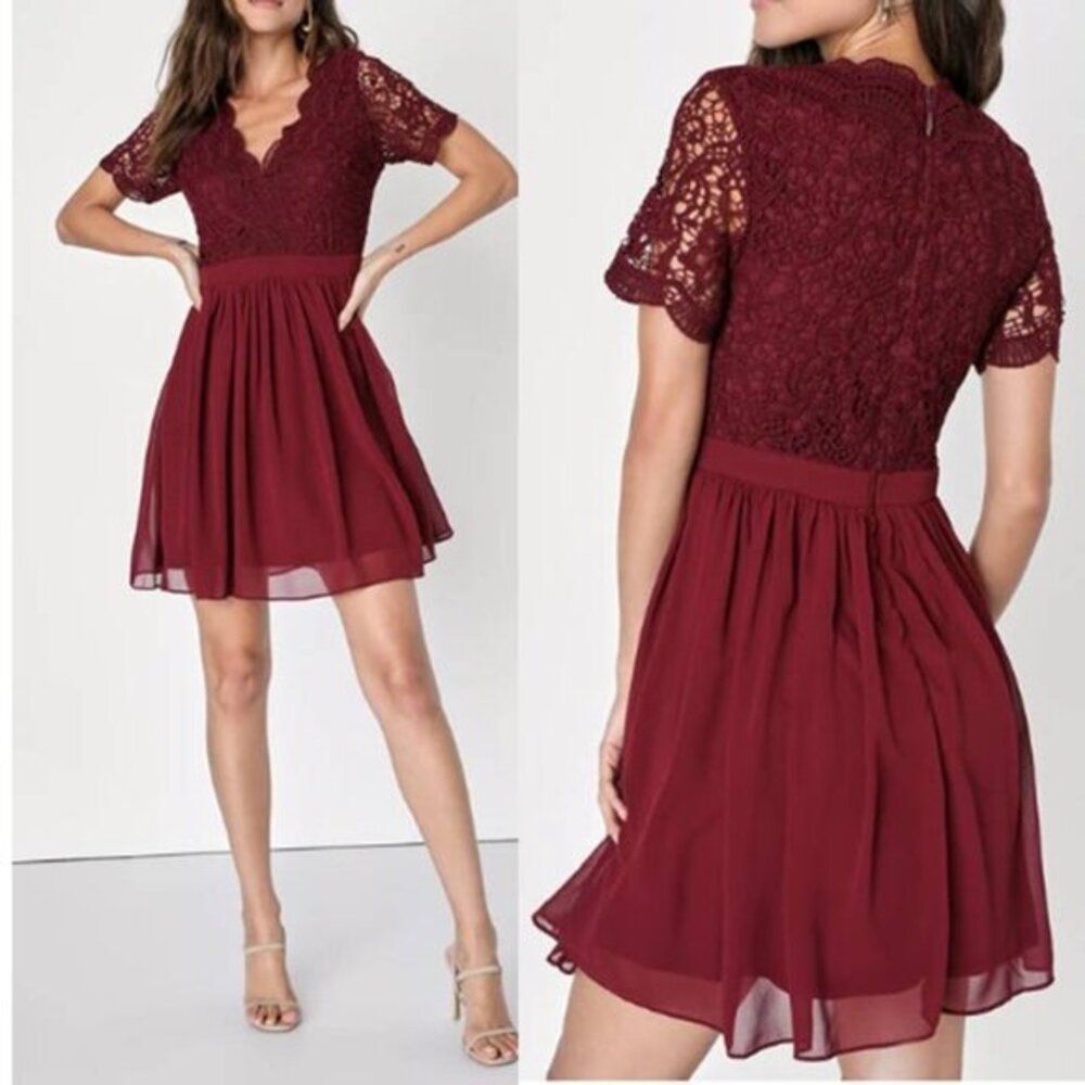 Lulus Women's‎ Lace Skater Dress Cocktail Party Burgundy Medium